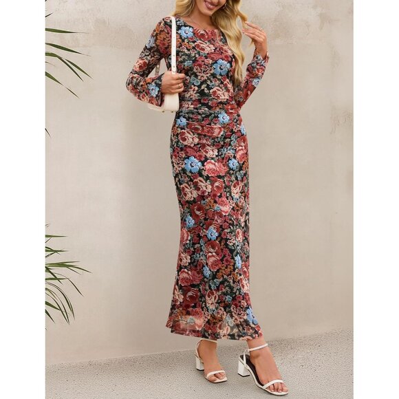 Zesica Women's Floral Black Ruched Mesh Long Sleeve Floral Bodycon Dress - Picture 3 of 5